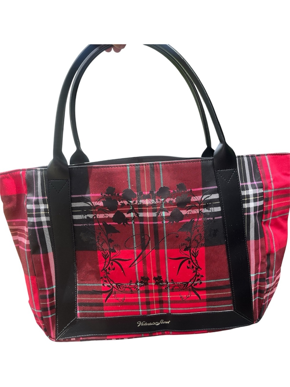Victoria's Secret Red and Black Plaid Tote with Floral Accent